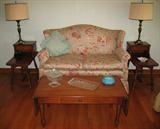 Living Room View with Wing Back Fabric Love Seat Maple End Tables & Coffee Table