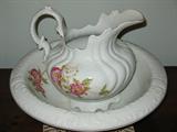 Antique Pitche & Bowl with Rose Decals Marked "Klondye"