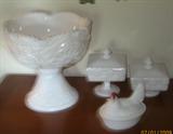 Milk Glass Punch Bowl, Westmoreland "Old Quilt" Honey & Candy Dish with Westmoreland Hen on Nest