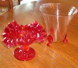 3-Footed Ribbed Art Glass Bowl and Fenton Fluted Edge Candle Compote