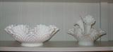 Fenton Milk Glass Ruffled Edge Bowl and 3-trumpet Epergne Vase