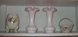 Pair Fenton Peach Crest Vases show with Porcelain Lefton Egg Vase and Lenox Basket