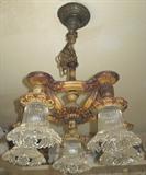 Antique 5-light Ceiling Lamp with open-cut lace edge Crystal globes. Original painted accents.