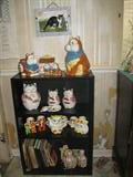 Black Paint 4-shelf Bookcase with "you guess it!" Cats! Cookie Jars, Teapots, Receipe Caddy, Sal & Pepper Shakers,one shelf of vintage Lefton condiment set in cats and a few receipe books