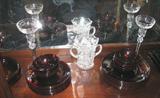 Victorian American Pressed Class Celery shown wiht a pair fine crystal Candle Sticks and Anchor Hocking Royal Ruby Dinnerware.