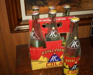6 vintage Royal Crown Bottles in original 6 pack Carrier