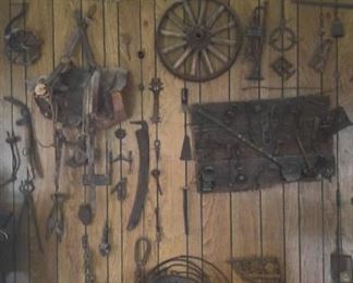 Tons of antique equine, farm tools & implements, 50 strands of rare barbed wire, lots of western themed collectibles