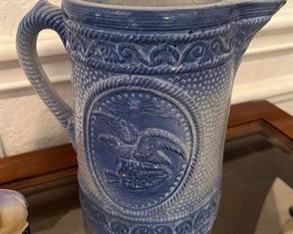 blue stoneware eagle pitcher
