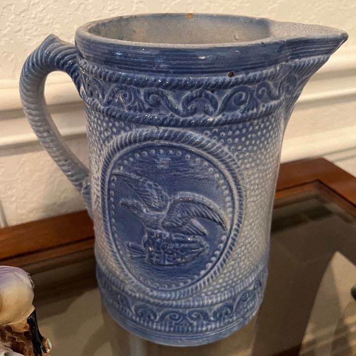 blue stoneware eagle pitcher