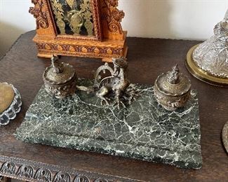 Stunning Antique Marble Inkwell With Metal Hardware