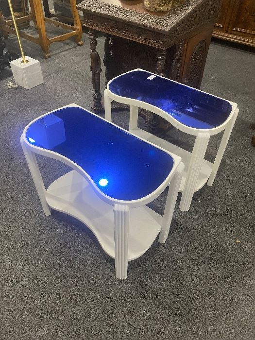 Art Deco Blue Glass Matching Side Tables