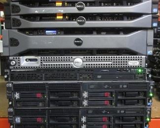 LOT OF 8 SERVERS/RAIDS INCLUDING DELL POWEREDGE R420, R710, 1950, HP RACKMOUNT MONITOR AND KEYBOARD, HP WITH SOME HARD DRIVES