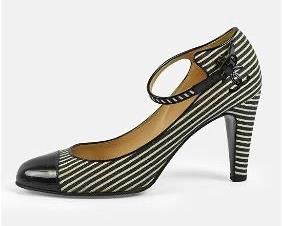 CHANEL Black and White Stripe Monogram Mary Jane Pumps Size 40.5