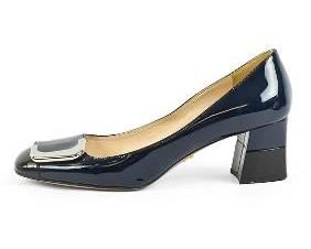 PRADA Calzature Donna Vernice Nero Patent Navy Leather Buckle Pumps Size 36.5