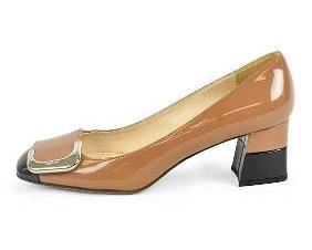 PRADA Calzature Donna Vernice Nero Patent Tan Leather Buckle Pumps Size 36.5