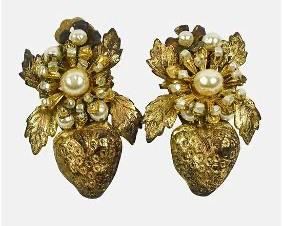 MIRIAM HASKELL Faux Pearl Strawberry Brass Clip Earrings