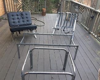 2 heavy chrome vintage Barcelona chairs, chrome coffee table w/ smoked glass top, chrome end table