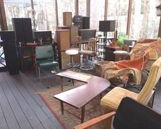 Lots of speakers, Lane Boonerang coffee table, 3 Lane Brutalist chairs, stools!