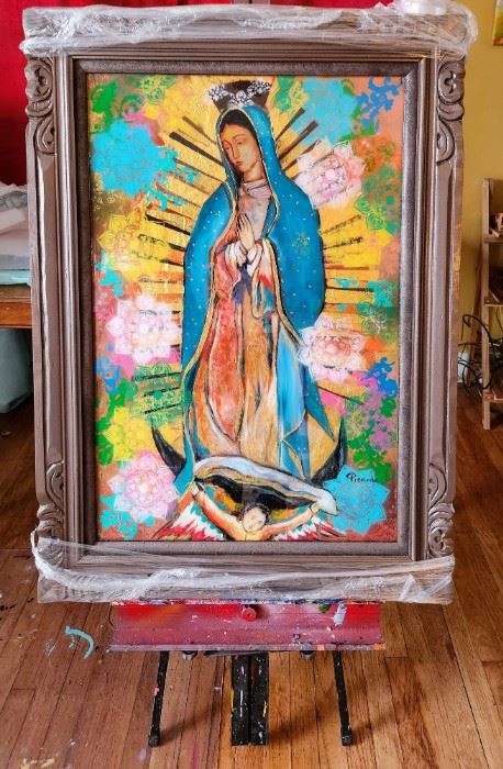 Original art by Picardo                                                               Our Lady Of Guadalupe                                                         36”H x 24”W (unframed)
Mixed media with glaze
Canvas, wood frame
