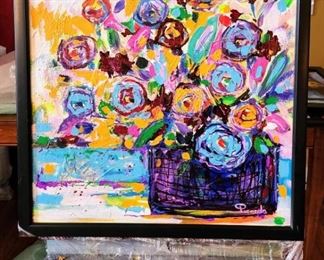 Original art by Picardo                                                              Purple Pot Of Flowers 24”H x 24”W Framed
Mixed media
Canvas with wood frame
