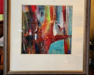 Original art by Picardo                                                        Seascape 30”H x 30”W Framed
Mix media, acrylic, sand, oil
Framed matted behind glass
