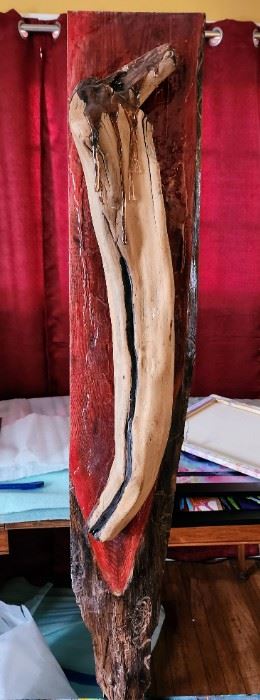 Original art by Picardo                                                     Driftwood Hanging Sculpture 41”H x 8”W 
3-D Mixed media, oil, glaze
Wood 
 