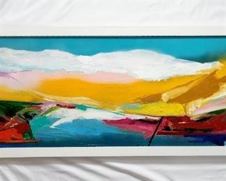 Picardo Original  Sunset Horizontal Abstract              
Mixed Media , Acrylic, Oil, on Wood                                     
21"T x 51"W White Wood Frame