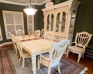 Main Level
$700 Table and Chairs
Length 95"  (including 2- 14" leaves)
Width 44"
White wash dining table, 8 chairs
$500 China cabinet 
69"w•88"t•22"deep