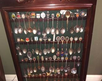 One of two collectible spoon displays.  The case is vintage Bombay Co.  The spoons are sold separately.  World wide collection, not sterling, some silverplate, pewter.  