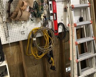 Ladders, tool caddies, levels, rulers, extension cords, chain