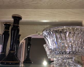 Black glass candlesticks, footed crystal bowl