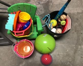 Beach buckets, sand toys, balls.  Baseballs, softballs, tennis balls, beach balls, bat