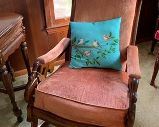 Antique Upholstered rocking chair with beautiful carved swan handles