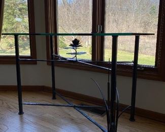 Glass Top Lily Pad and Cattail Metal Table
