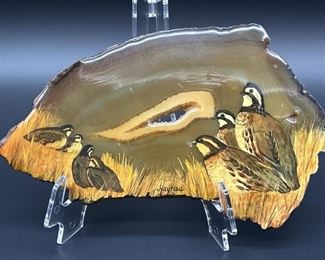 Quail Painting on Sliced Geode, Signed by Haynes