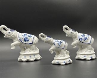 (3) Blue & White Ceramic Elephants