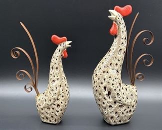 (2) Ceramic Farmhouse Rooster Sculpture Set