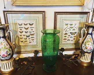 Old Paris Handpainted Lamps Antique 18th C. Lithographs-Butterflies -Period Hand Colored, Uranium Glass Vase possibly Pairpoint