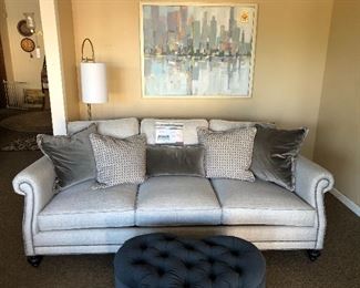 Bernhardt "Brae" sofa and custom clover leaf  shaped velvet  cocktail ottoman