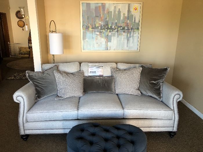 Bernhardt "Brae" sofa and custom clover leaf  shaped velvet  cocktail ottoman