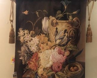 Gorgeous "Tapestries Ltd " 100% wool  tapestry.  57"L with carved wood rod and tassels.  "Nest and Floral"