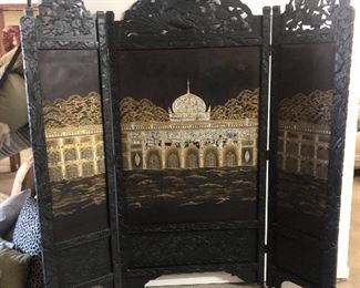 Antique Moroccan screen with brass wheels and inlaid mother of pearl 