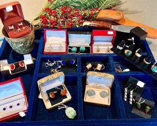 Men's fine jewelry including gold and sterling.  Jade, turquoise, carnelian, lapis cuff links.  