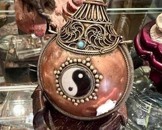 Copper ying/yang snuff bottle with silver filigree.