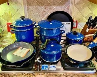 Le Creuset blue enamel set.