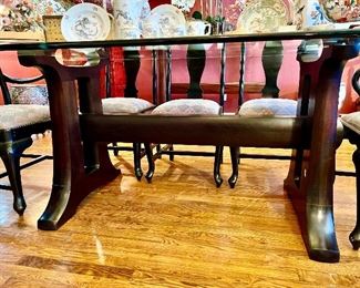 This Chinese inspired Dining table with 8 chairs is simply wonderful!  Love the glass top!