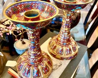Large cloisonne candlesticks.