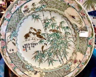 Finely painted antique Chinese plate in soft pinks and greens.  Love the birds.