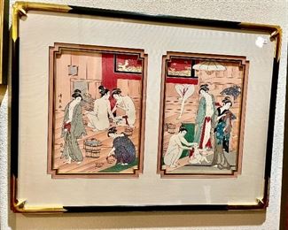 Japanese woodblock diptych.  Beautifully framed.
