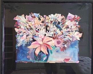 Custom Framed Torn Watercolor Flowers On Black Background By Tom Brittain